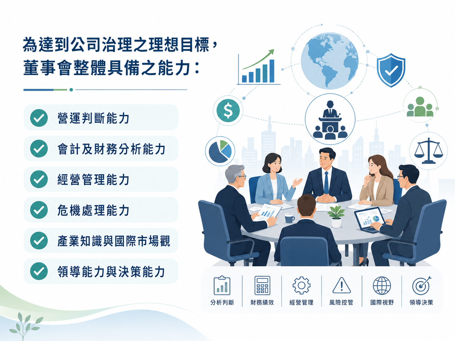 為達到公司治理之理想目標, 董事會整體具備之能力: ✔ 營運判斷能力 ✔ 會計及財務分析能力 ✔ 經營管理能力 ✔ 危機處理能力 ✔ 產業知識與國際市場觀 ✔ 領導能力與決策能力